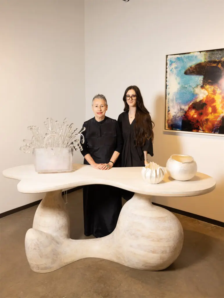 Cristina Grajales, Mia Cruz with Aaron Poritz Travertine Console and Randy Polumbo “Love Sack,” 2008 at Dallas Art Fair (Photo by Exploredinary)