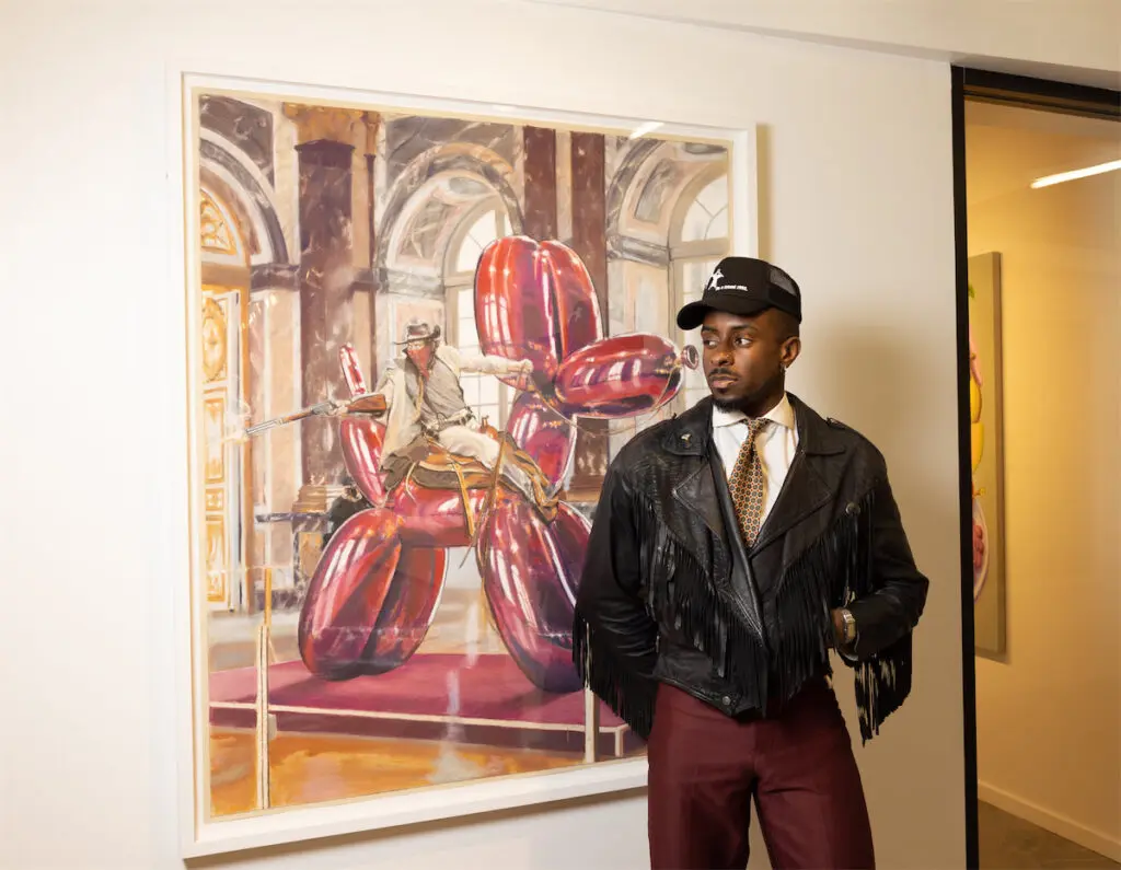 Meka Ibe with Eric Yahnker's Balloon Ride, 2023 at Dallas Art Fair (Photo by Exploredinary)
