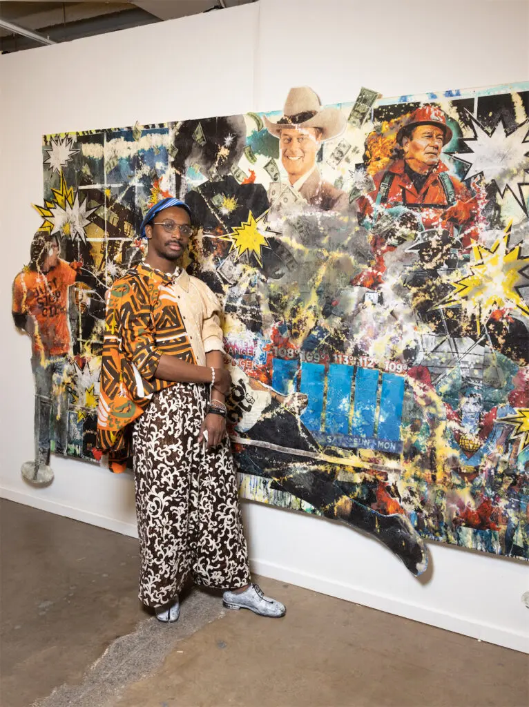Monsieur Zohore with Monsieur Zohore's TODAY'S FORCAST CALLS FOR DANGER, EXTREME DANGER, 1861-2023 at Dallas Art Fair (Photo by Exploredinary)