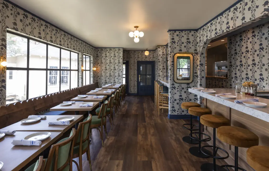 Inside the dining room of Elro Pizza + Crudo, housed in a vintage bungalow where Midtown meets the Montrose. (Photo by Julie Soefer)