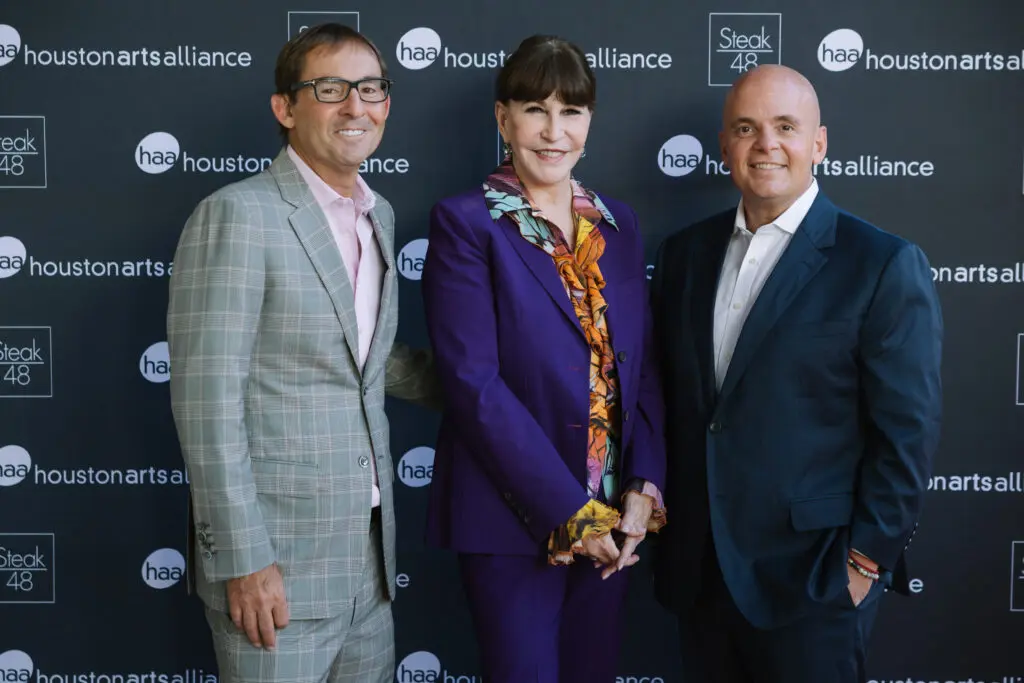 Steak 48 owner Jeff Mastro, PaperCity's Shelby Hodge, Steak 48 chief brand officer Oliver Badgio host the steakhouse's annual fête, this year celebrating Houston Arts Alliance. (Photo by Johnny Than)