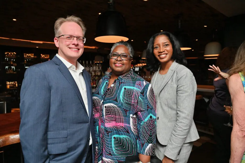 John Mangum, Necole Irvin, Shannon Buggs at the Steak 48 fall fête doubling as kick-off for the Houston Arts Alliance gala. (Photo by Alex Montoya)
