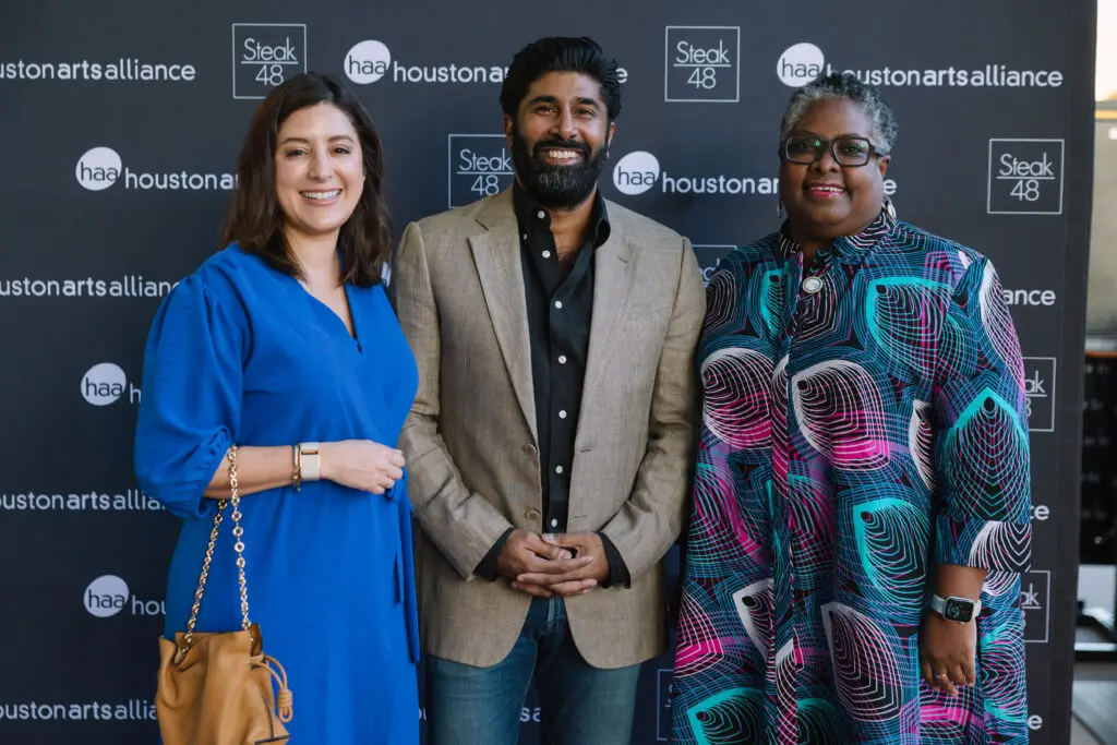 Madyson Chavez, Alim Adatia, Necole Irvin at the Steak 48 fall fête doubling as kick-off for the Houston Arts Alliance gala. (Photo by Johnny Than)