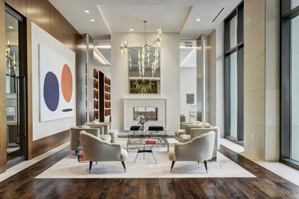 The stunning lobby of The River Oaks sets the tone for impeccable living. 