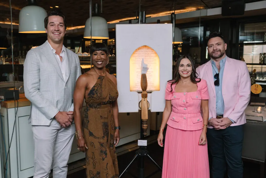 Mason Barker, Lauren Anderson, Michele Leal, John Abodeely at the Steak 48 fall fête doubling as kick-off for the Houston Arts Alliance gala. (Photo by Johnny Than)