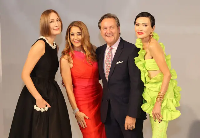 Honorees Tatiana Massey, Kristina Somerville and Duyen Nguyen with Neiman Marcus' Preston Antonini at the PaperCity Philanthropy in Fashion  Houston Best Dressed luncheon. (Photo by Priscilla Dickson)