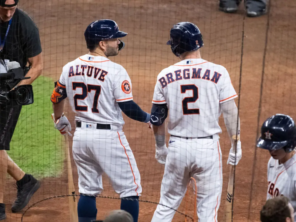 Jose Altuve and Alex Bregman are two of the Core Astros, the ones who were there for every step of this golden age of Houston baseball, (Photo by F. Carter Smith)