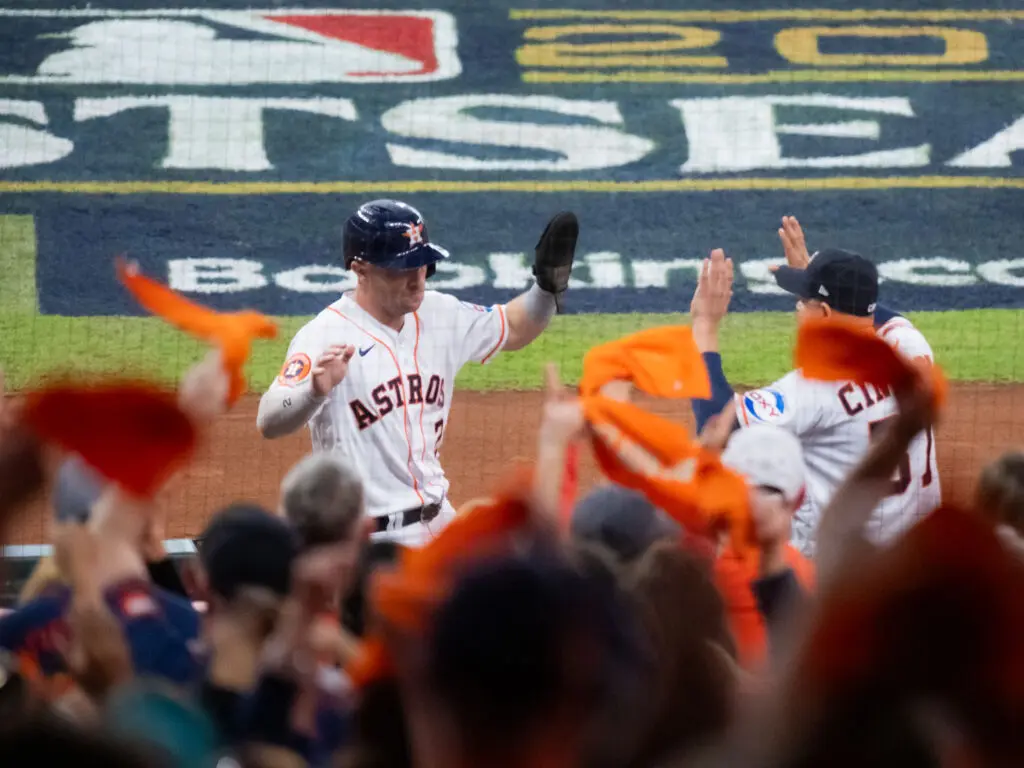 Alex Bregman knows there is nothing like celebrating a big playoff moment at Minute Maid. (Photo by F. Carter Smith)