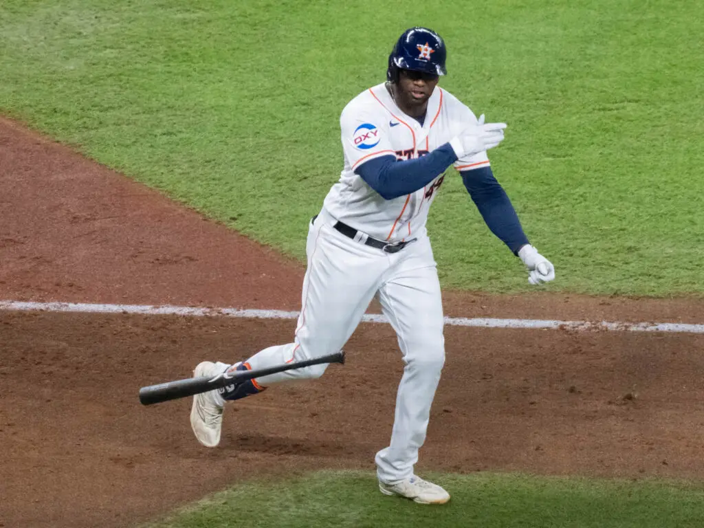 A Yordan Alvarez bat flip in the playoffs is like thunder. (Photo by F. Carter Smith)
