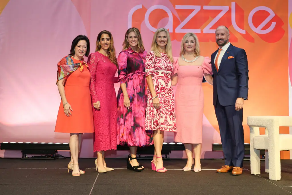Anne Neeson, Kristina Somerville, Stephanie Tsuru, Amy Pierce, Whitney Crane, Tony Bradfield at Memorial Hermann Foundation's annual Razzle Dazzle luncheon at the Post Oak Hotel (Photo by Priscilla Dickson)