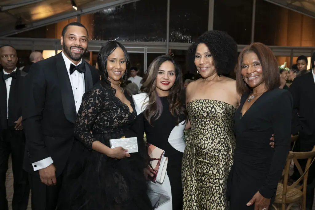 Chris & Alexandria Preston, Samantha Guzman, Myrtle Jones, Nedra Jones at the black-tie dinner following Houston Grand Opera's world premiere of 'Intelligence.' (Photo by Anthony Rathbun)