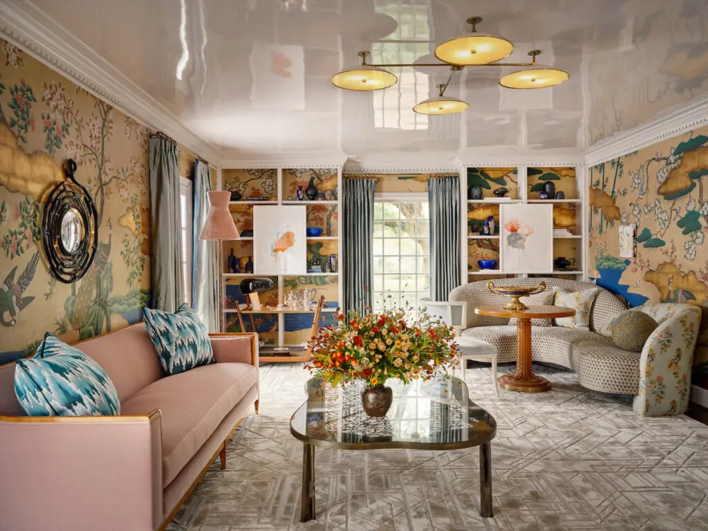Laura Lee Clark's LIving Room in the 2023 Kips Bay Dallas Show House was inspired by the Gracie wallcovering mural, “Kano Garden." (photo by Stephen Karlisch)
