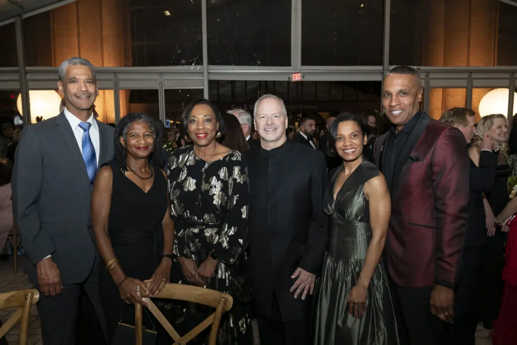 Nathan Wilson, Sherrita Wilson, Vanessa Gilmore, Patrick Summers, Kendra Mhoon, Frank Wilson at the black-tie dinner following Houston Grand Opera's world premiere of 'Intelligence.' (Photo by Anthony Rathbun)