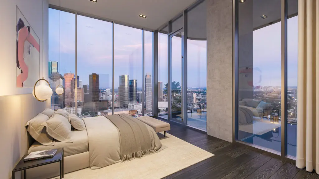 The allure of 24-foot-high ceilings, floor-to-ceiling windows, and a private pool on the balcony sets this penthouse apart.