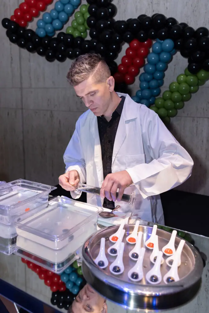 Bar tender from The Grand Bevy creates the Molecular Cocktail for guests attending the preview of HMNS' re-imagined Welch Hall: Matter & Motion (Photo by Mike Rathke, HMNS Photographer)