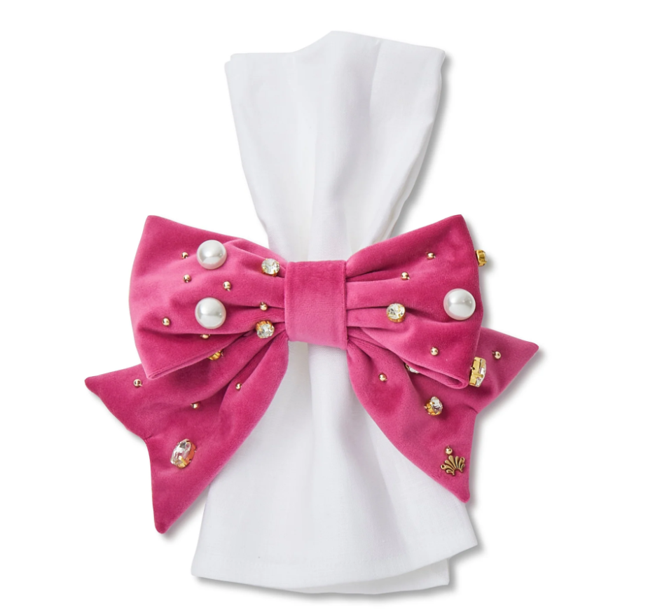 Pink Set of 4 Velvet Pearl & Crystal Bow Napkin Rings