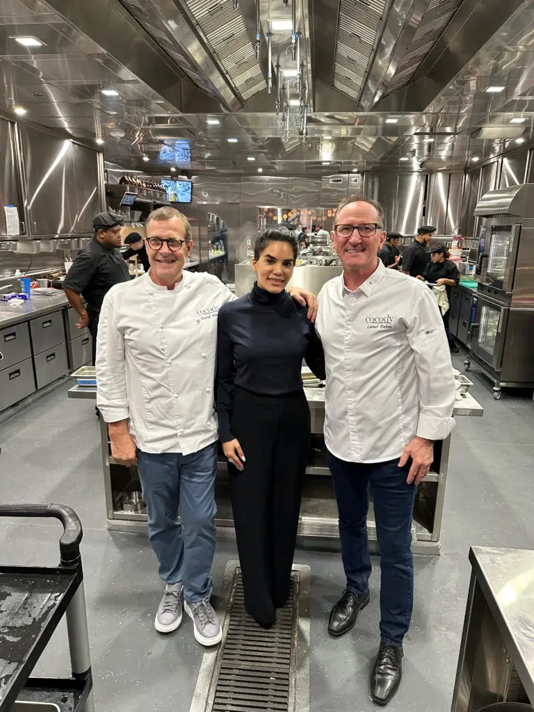 Chef David Denis, designer Nina Magon, Chef Lionel Debon in the Cocody kitchen that the chefs designed. (Photo courtesy of Nina Magon Studio))