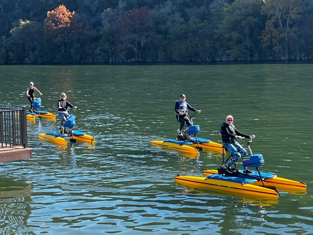 Claridge, her sister and parents hydro-biking on Lake Austin. (Photo by Courtesy of Lake Austin Spa Resort)