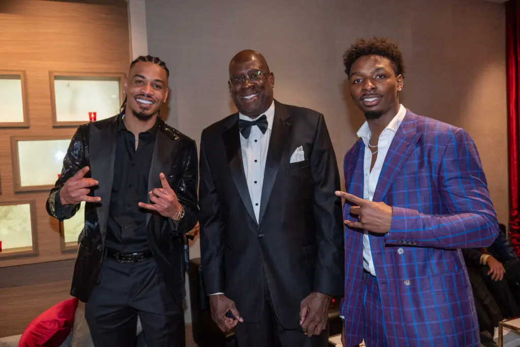 Gerald Green, former Houston Rockets player now broadcaster, Carl Herrera of the 1993-94 championship team, and current Rocket Jae’Sean Tate at the Clutch City Foundation gala at the Post Oak Hotel.