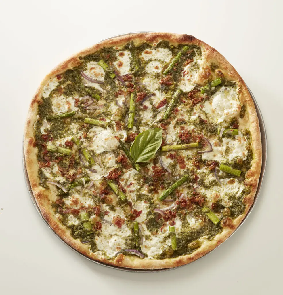 Grimaldi's bacon and asparagus with hot honey pizza is a Brooklyn-style beauty.