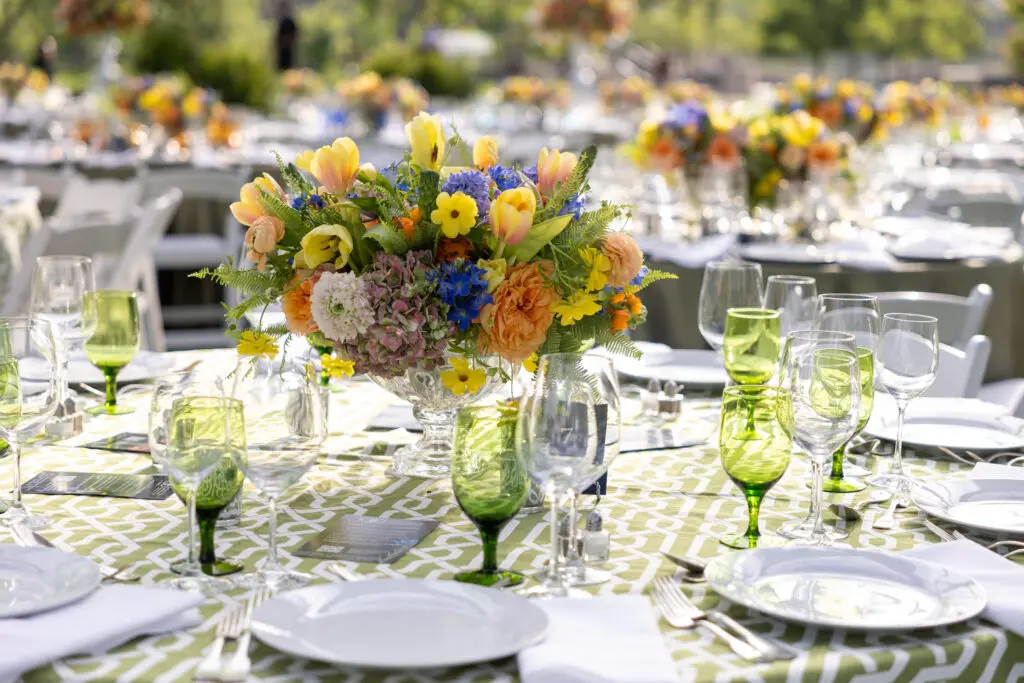 Colorful flowers dress tables at the Memorial Park Conservancy 100th anniversary dinner. (Photo by Jenny Antill)