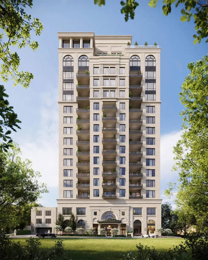 An exterior view of the Rosewood Residences on Turtle Creek, a new condo building in Dallas.