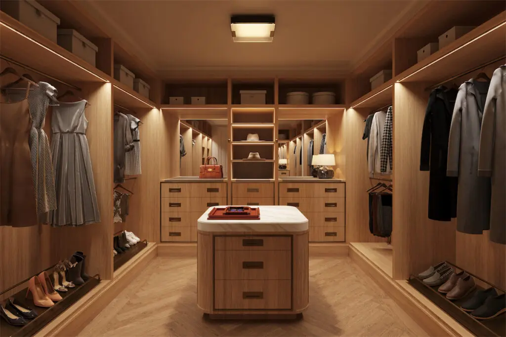 Rosewood Residences condos, designed by Dan Fink, feature custom closets in all oak with brass inlay on the drawer fronts. 