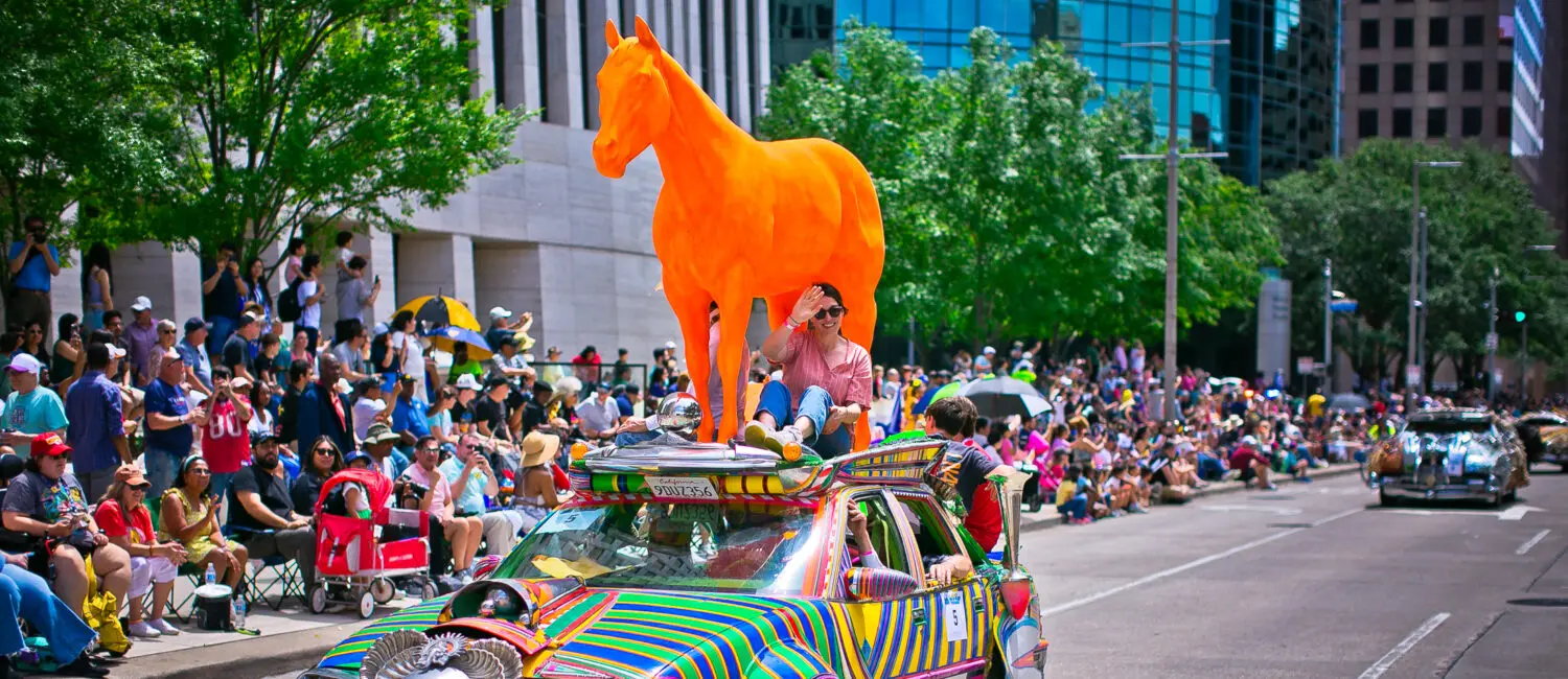 David Best’s Orange Horse certainly turned heads at Houston’s Art Car Parade. (Photo by Morris Malakoff)