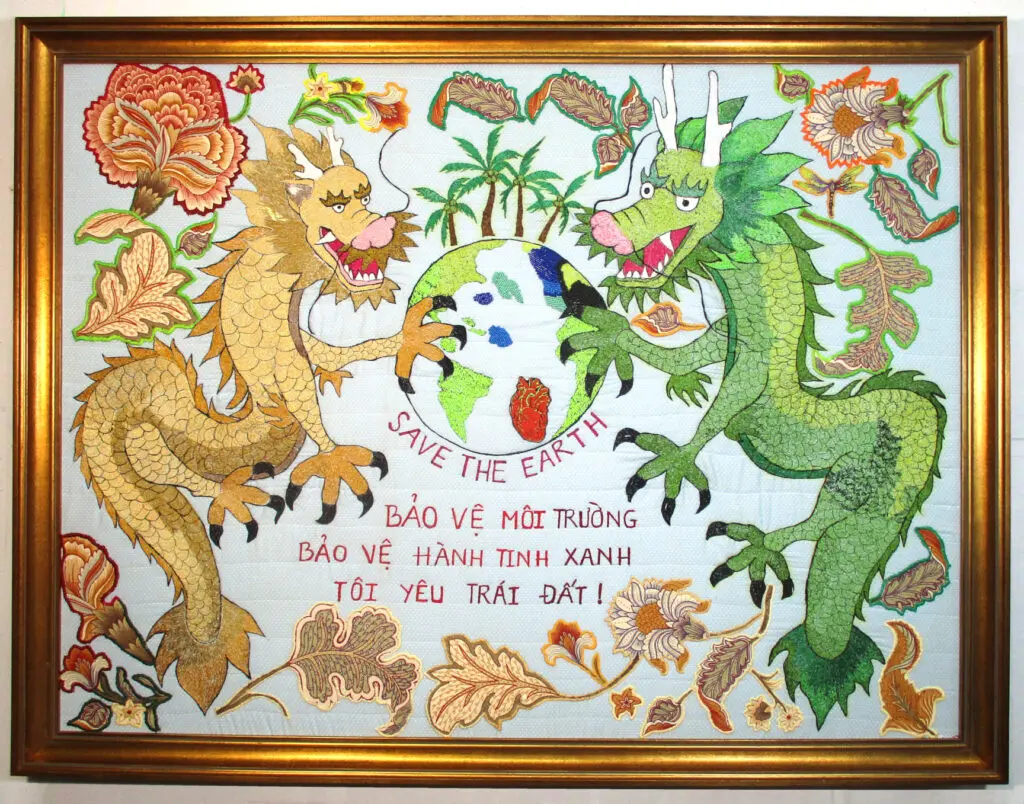 Duyen Nguyen's "Save the Earth," 2023-2024, is featured in hers and Jeremiah Johnson's showcase at Kirk Hopper Fine Art (Photo by Jeremiah Johnson)