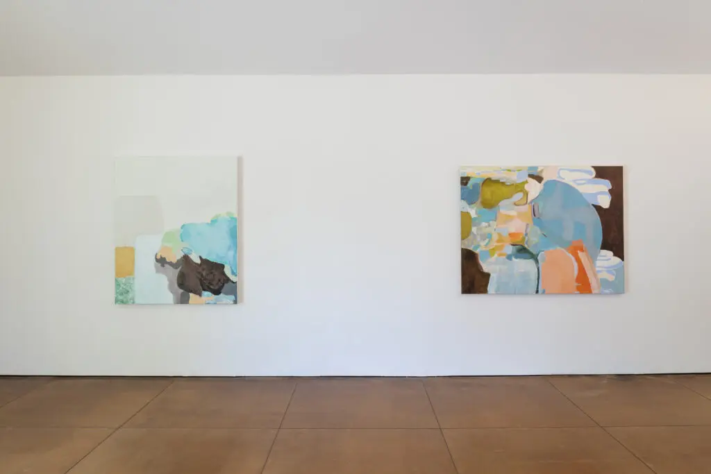 An installation view of "Terrell James: Time and Tides," which will be exhibited through June 29,  2024 at Josh Pazda Hiram Butler Gallery. From Left: Terrell James's "Groundswell," 2023,  and "Mother," 2023. Oil on linen. (Photo by Paul Hester. Courtesy Josh Pazda Hiram Butler Gallery, Houston)