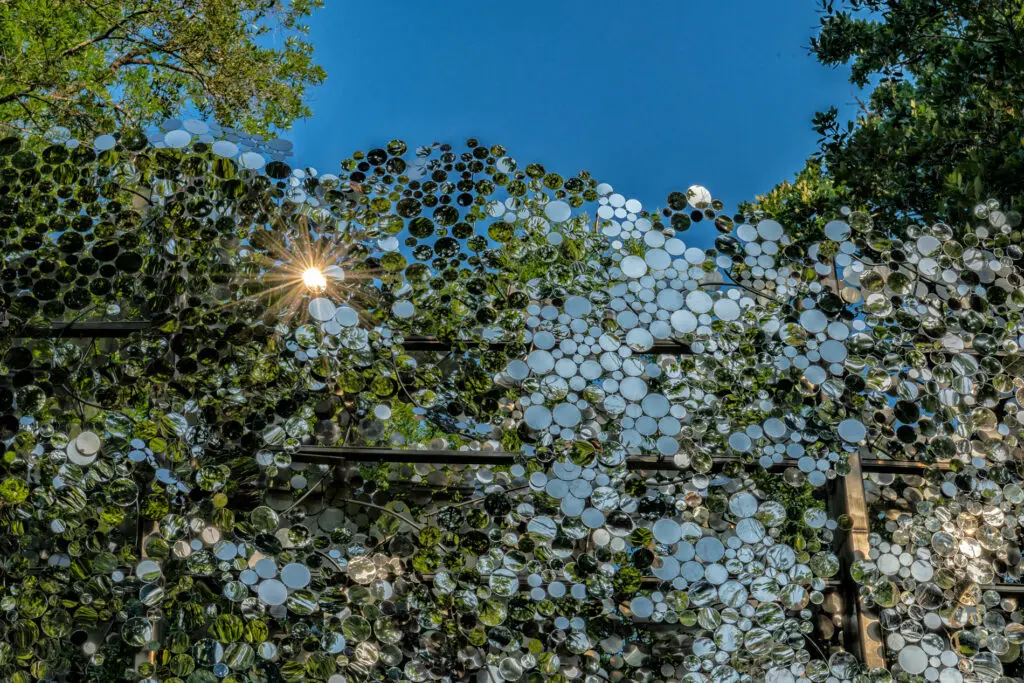 A close-up of Alyson Shotz's "Scattering Surface" in Hermann Park (Photo courtesy of Nash Barker) 
