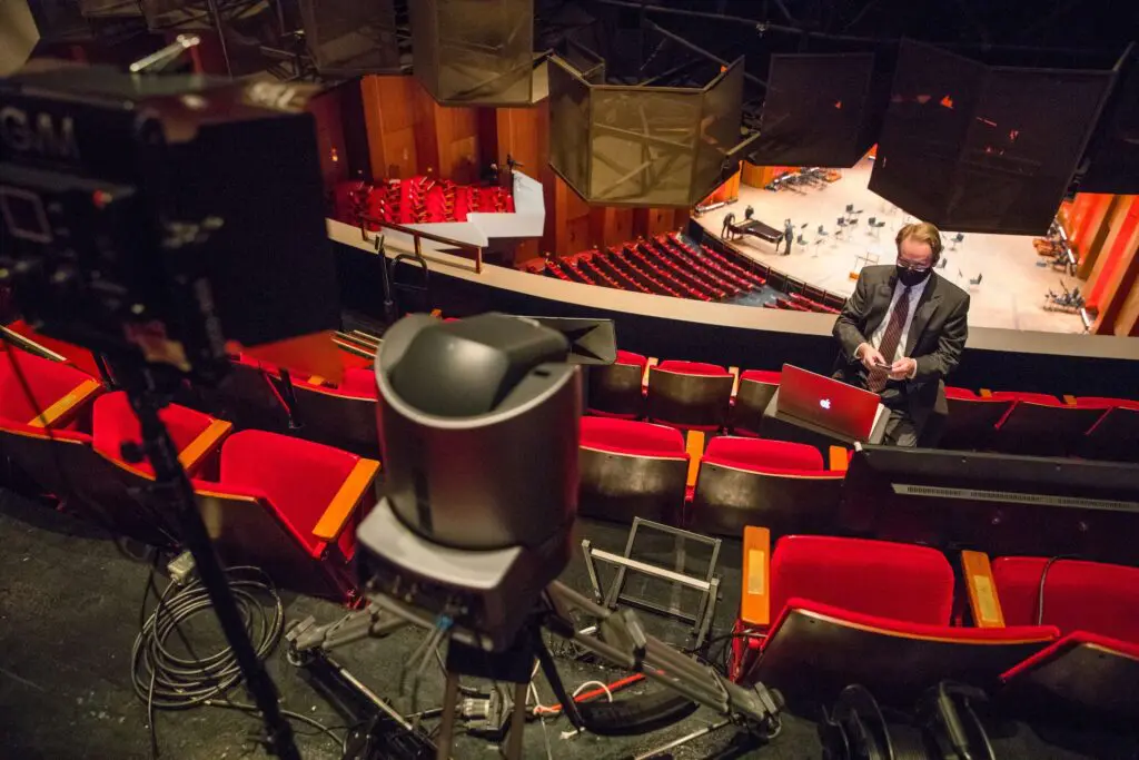 Houston Symphony executive director and CEO John Mangum overseeing live-streaming performances from Jones Hall during the global pandemic. 