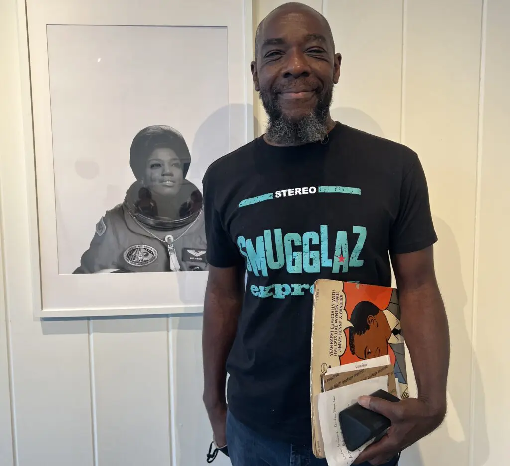 Artist Tierney Malone with "Space City Diva," 2024, a collaboration with his partner Jehnifer Henderson that honors iconic Texas songstress Jewel Brown. (Photo by CDA)