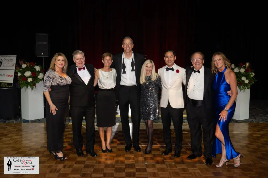 Caption Past chairs of The Woodlands Chamber of Commerce Nina Marino (2010-2011), Stuart Lapp (2018-2019), Julie Ambler (2021-2022), Jim Carman (2022-2023), Dr. Ann K. Snyder (2011- 2012), Brian Albert (2023-2024), Frank Holmes (2017-2018) and Amy Milstead (2013-2014) come together. (Photo courtesy of Daily Productions) Description