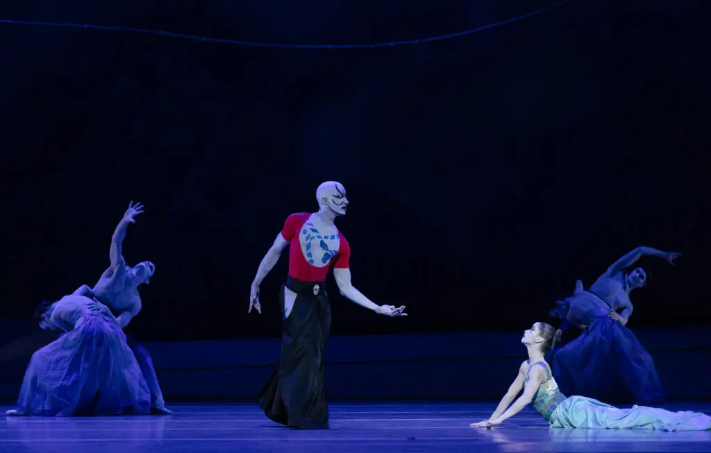 Houston Ballet principal Karina González as The Little Mermaid/His Creation and first soloist Harper Watters as The Sea Witch, with artists of Houston Ballet in John Neumeier’s "The Little Mermaid." (Photo by Amitava Sarkar)