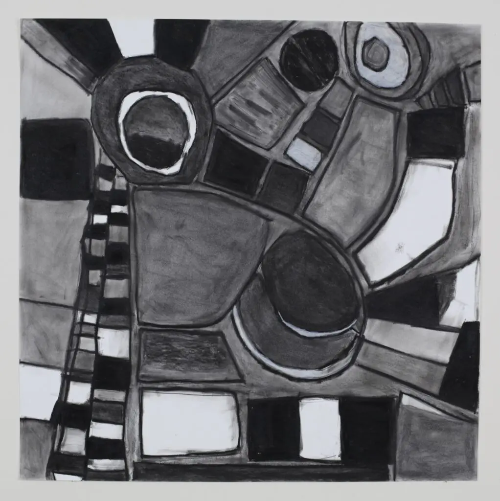 Bob Russell’s pencil drawing, "It Takes a Village," 2024, at Andrew Durham Gallery. Russell and other artists' works are the inspiration for a group of female Honduran artists' embroidered works that give back.