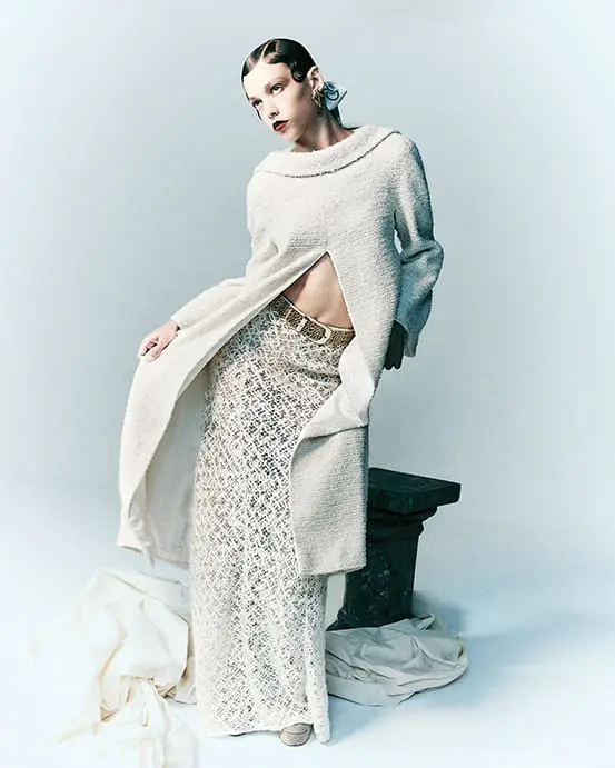Chanel iridescent fantasy tweed dress and skirt, belt $4,150, earrings $500, tights $1,025, and silk twill scarf (in hair) $375, at Chanel Highland Park Village.  (Photo by Enmi Yang)