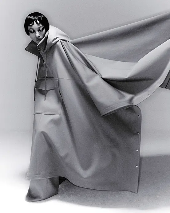 Adam Lippes poncho in technical wool $3,990, and pant $1,490, at The Conservatory, farfetch.com, modaoperandi.com.  (Photo by Enmi Yang)