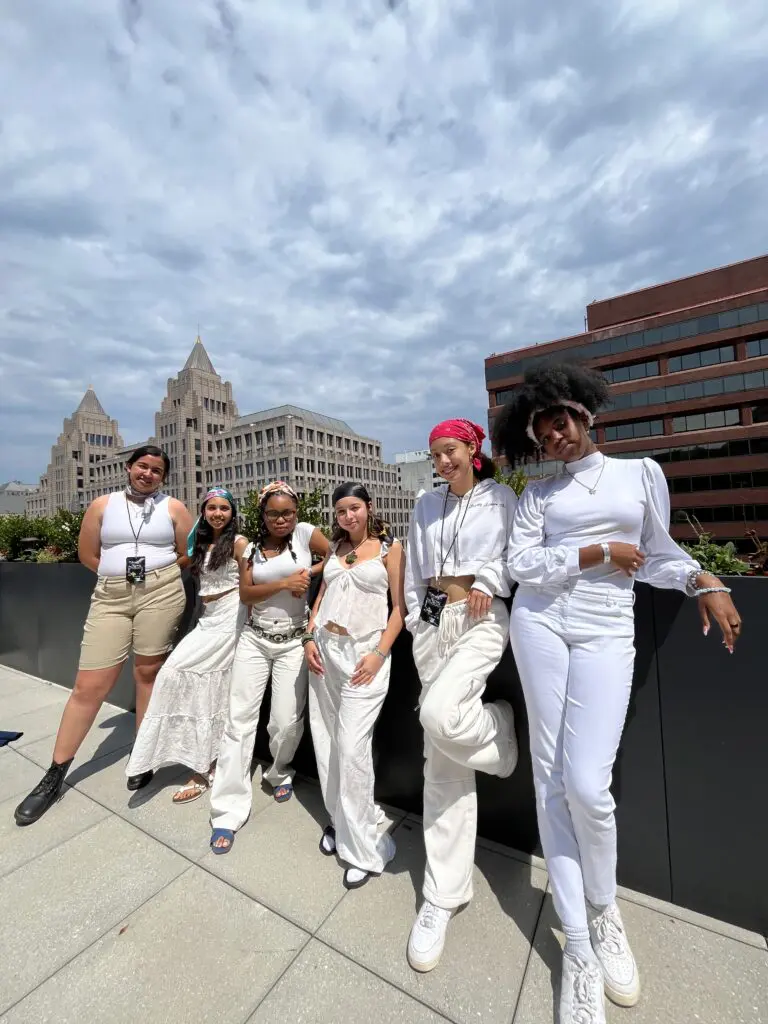 Adriana Winkelmayer, Bella Kalra, Samiyah Green, Cristina Perez-Ruiz, Amaya Newsome, Mya Skelton perform power poetry at Brave New Voices (Photo courtesy of Meta4)
