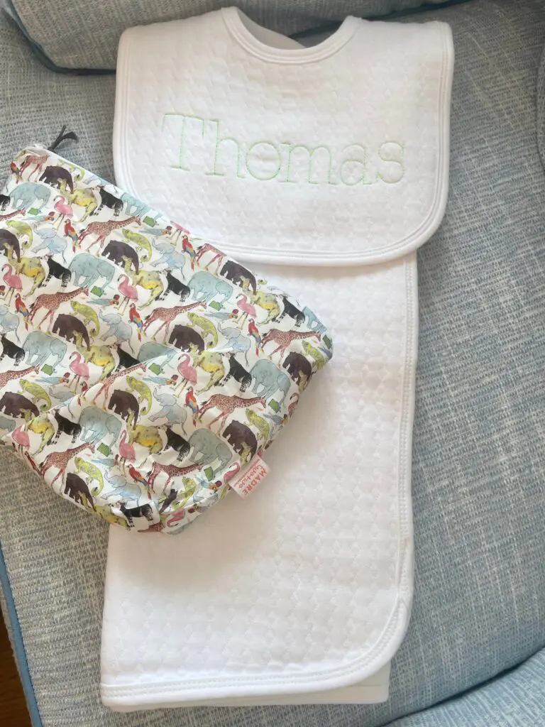 The Diamond Quilted Receiving Blanket is crafted with soft, high-quality fabric and features elegant personalization. (Photo courtesy Madre Dallas)