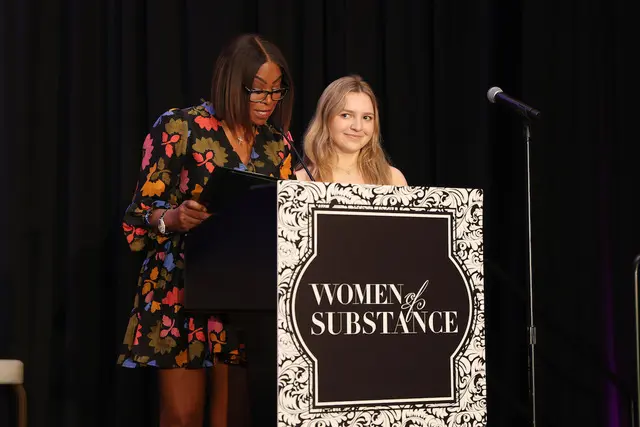 Women of Substance Emcee Deborah Duncan with Youth Honoree Bella Chramosta by Priscilla Dickson (Photo by Priscilla Dickson)