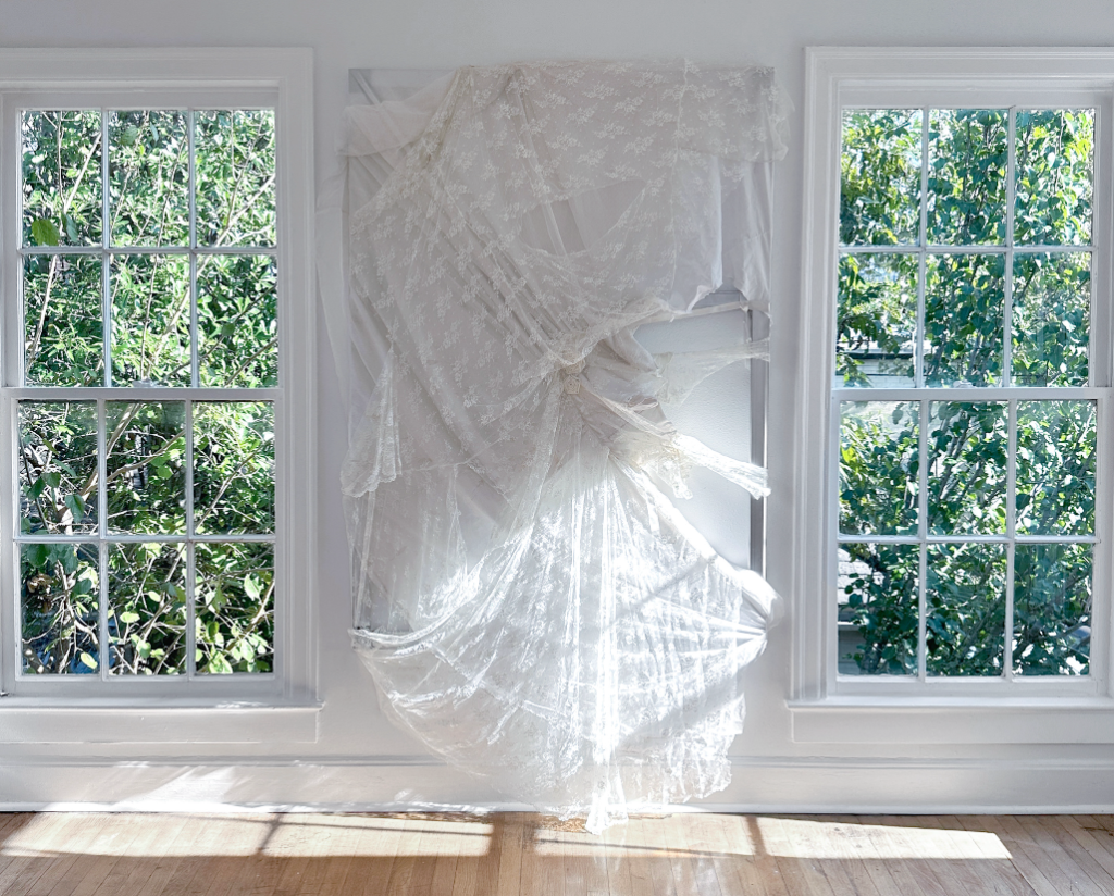 Preston Douglas Boyer's Dearly Beloved, 2024, a three-dimensional painting fashioned from a wedding dress at Ruby Projects (Photo by Valeria Muhala)