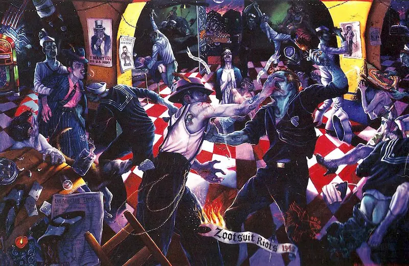 Vincent Valdez, "Kill the Pachuco Bastard!" (2001). Oil on canvas. (Collection of Cheech Marin and The Cheech Marin Center for Chicano Art & Culture of the Riverside Art Museum, California)