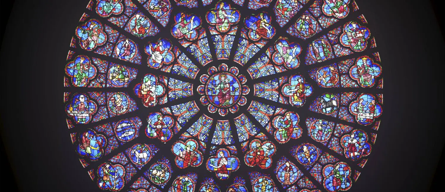 Still image of digital rendering of Notre-Dame Cathedral Rose Window, Ars Electronica.  Image courtesy MFAH.