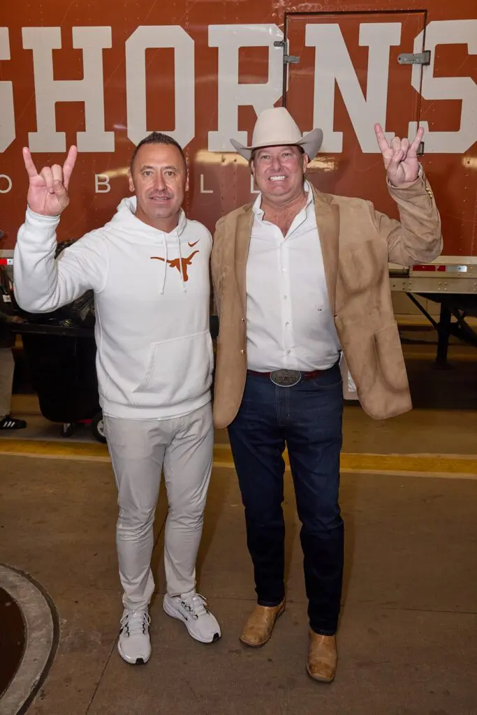 University of Texas football coach Steve Sarkisian, Cotton Holdings founder and co-CEO Pete Bell  at the Lone Star Showdown. (Photo courtesy of Cotton Holdings) 
