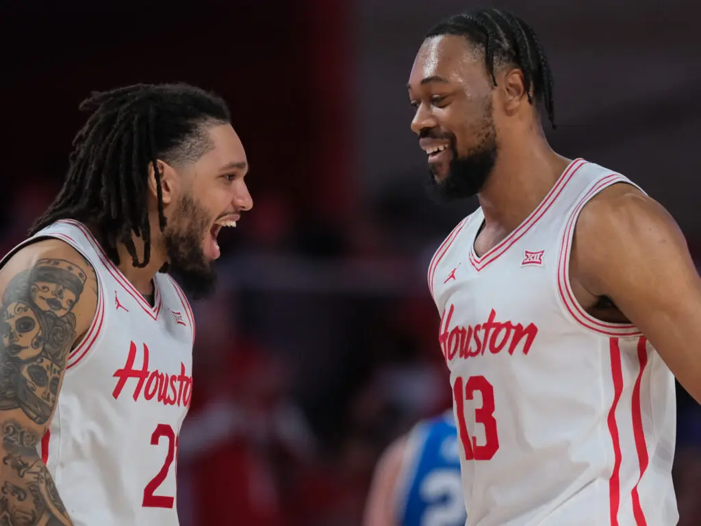 University of Houston guard Emanuel Sharp and forward J'Wan Roberts love playing with each other. (Photo by F. Carter Smith)