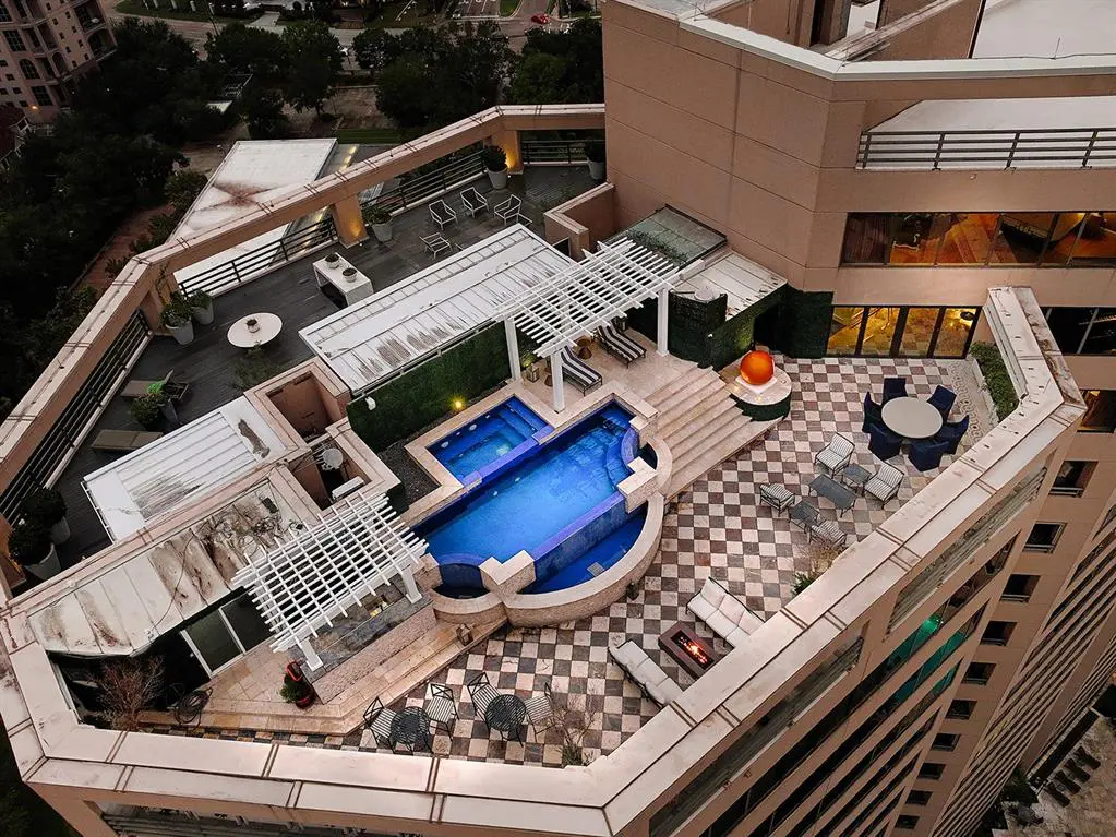 An aerial view of the 2,500 square foot terrace atop Bayou Bend Towers.