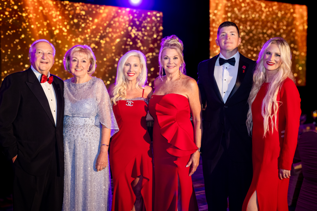 Gala chairs Russ and Judy Labrasca, Tracy Faulkner, Cindy Cook, and Mike and Ally Babineaux at the American Heart Association Heart Ball. (Photo by Christina Griffin)
