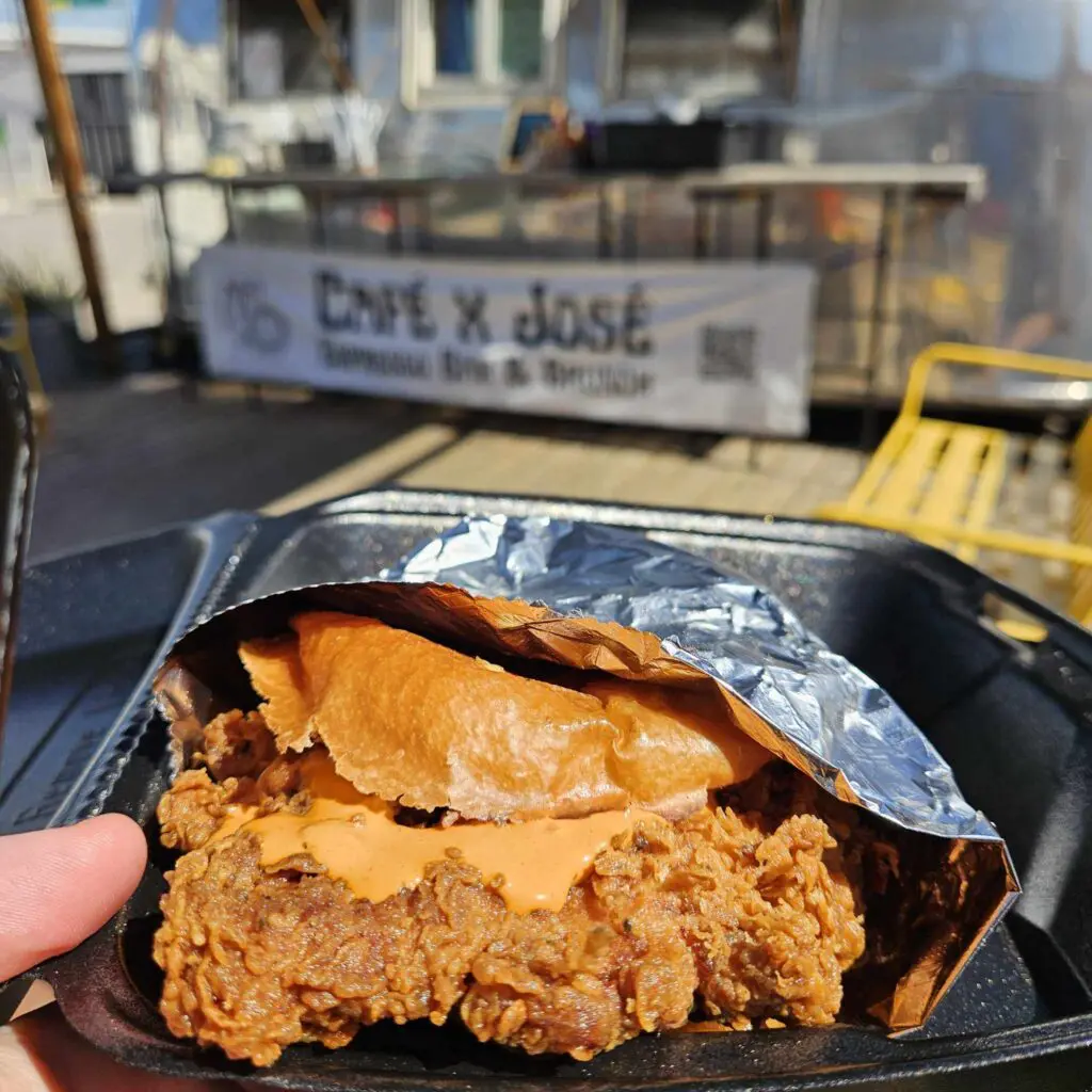 Café x Jose's refurbished Airstream food truck serves a fiery Hot Chicken Sandwich alongside inventive java drinks. (Photo by Edward Brown)