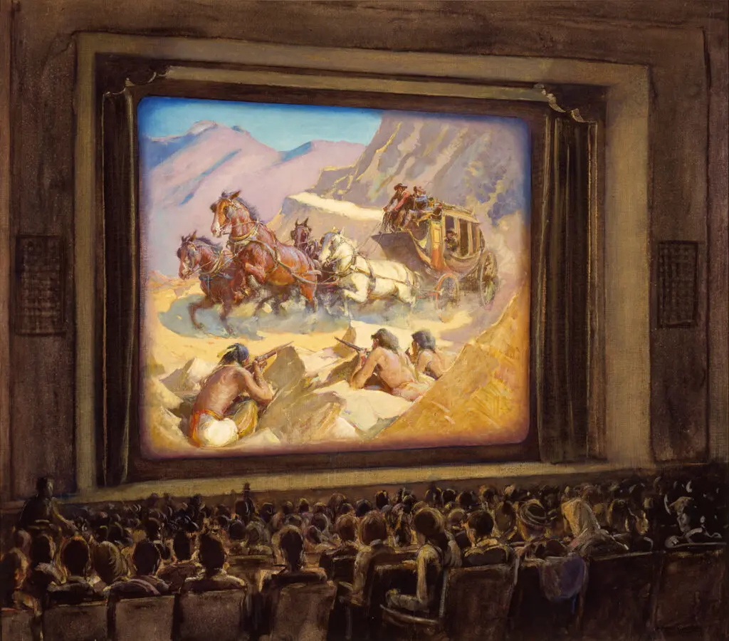 New Mexico-based artist Oscar Berninghaus, who was known for his paintings of Native Americans and the American Southwest, also has a small part of the exhibition with his painting "Movie Night, Taos Theater." (Courtesy) 